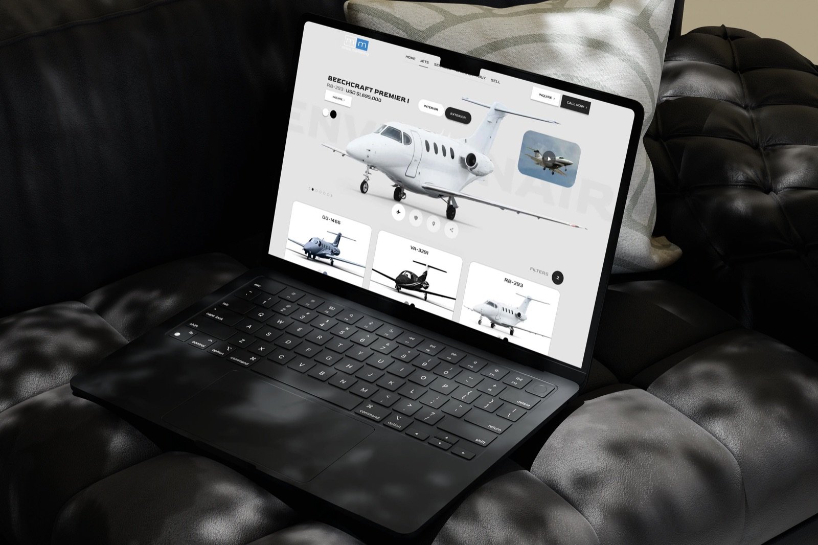 Client website mockup — private aviation e-commerce.